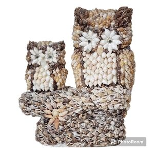Vintage Seashell Two Owls Figurine Phillipines Decor Mom And Baby Googly Eyes